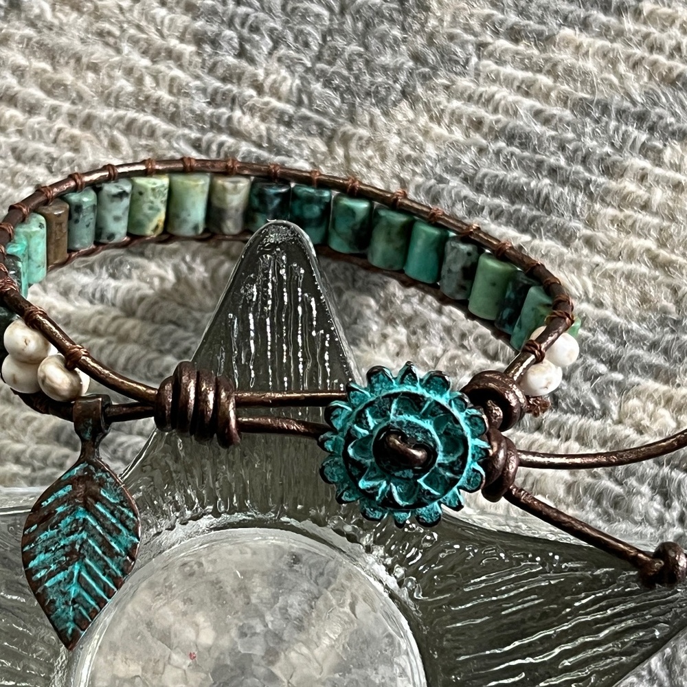 Turquoise w/Bronze leather Wrap Bracelet 6.5"